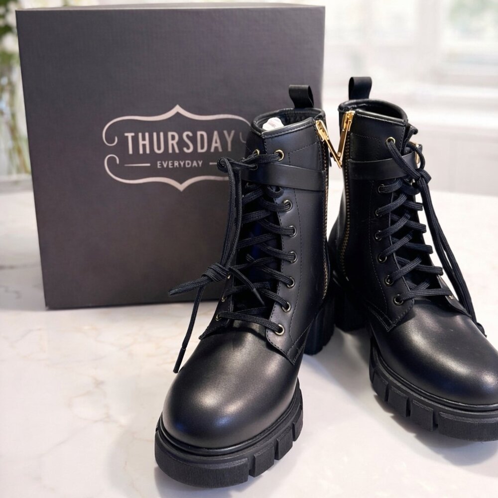Thursday Boot Company Coda Black Leather Combat Boot Gold Zipper Women's 9.5 NIB